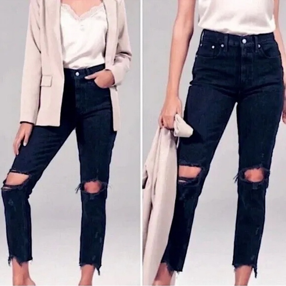 Abercrombie & Fitch High Rise Mom Jean Denim Ripped Frayed Hem Distressed